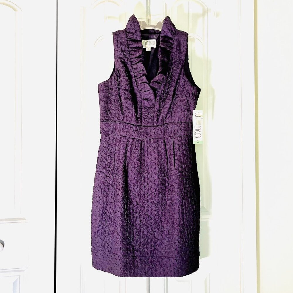 Julian Taylor Figure Flattering Ruffle Neck Dress in Purple (8P) New with Tags